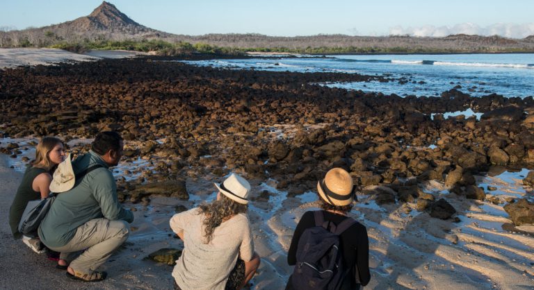 Dragon Hill - Santa Cruz in the Galapagos Islands, view of volcanic beach and tourist resting on the seashore