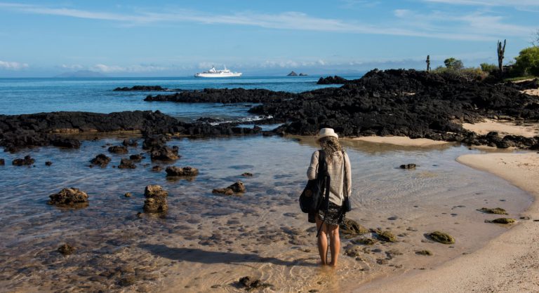 Dragon Hill - Santa Cruz in the Galapagos Islands, view of volcanic beach and tourist walking on the seashore